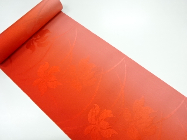 JAPANESE KIMONO / ANTIQUE BOLT FOR HASSUN OBI / BOKASHI / WOVEN FLORAL PLANTS